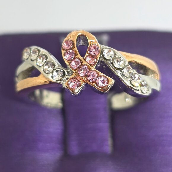 Pink Breast Cancer Awareness Ribbon Rose Gold Silver Rhodium Plated Ring SZ 7 - Picture 13 of 17